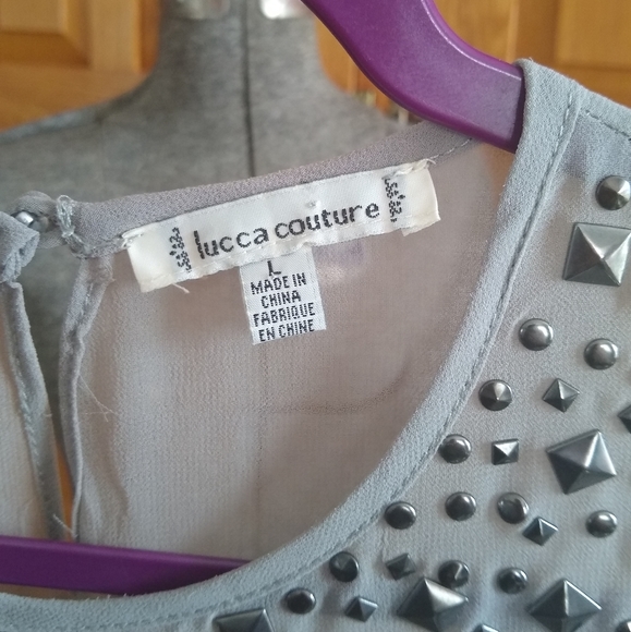 Lucca Couture gray studded collar sheer chiffon short sleeve top - Picture 11 of 12